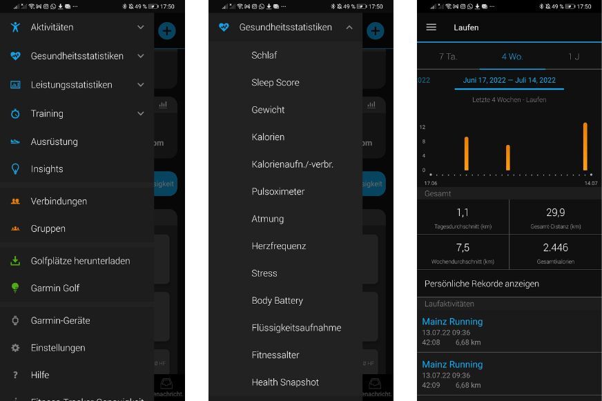 Man sieht das Menü der Garmin Connect App. 